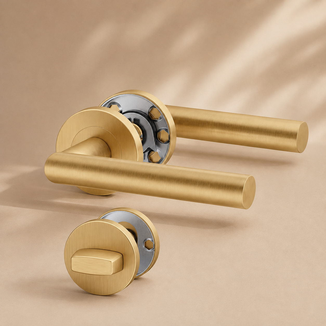 Minimalistische mat gouden deurklink met toilet- en badkamersluiting