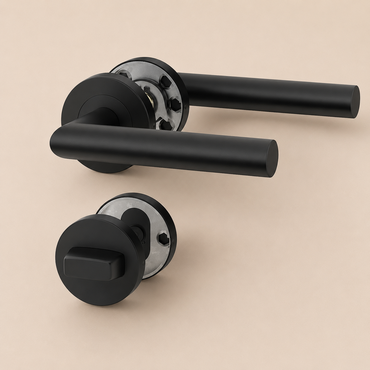Zwarte minimalistische deurklink met toilet- en badkamersluiting
