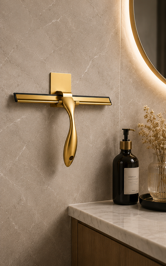Goudkleurige RVS douchewisser met wandhaak in een warme badkamer