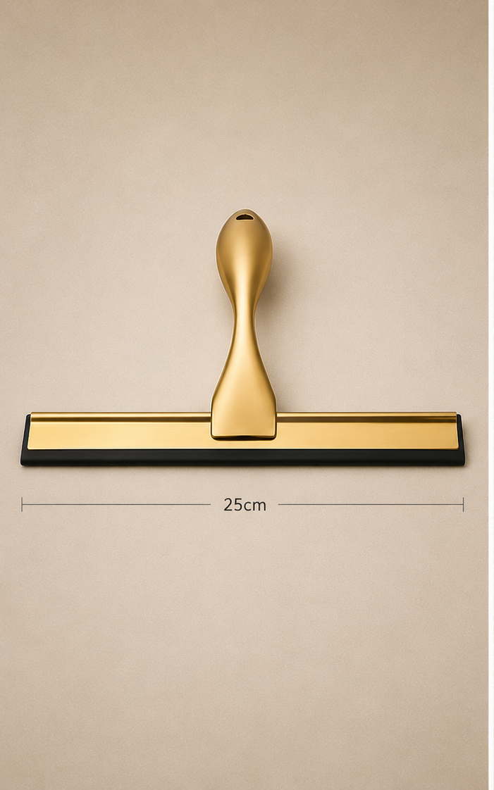 Goudkleurige RVS douchewisser van circa 25 cm met ergonomische handgreep