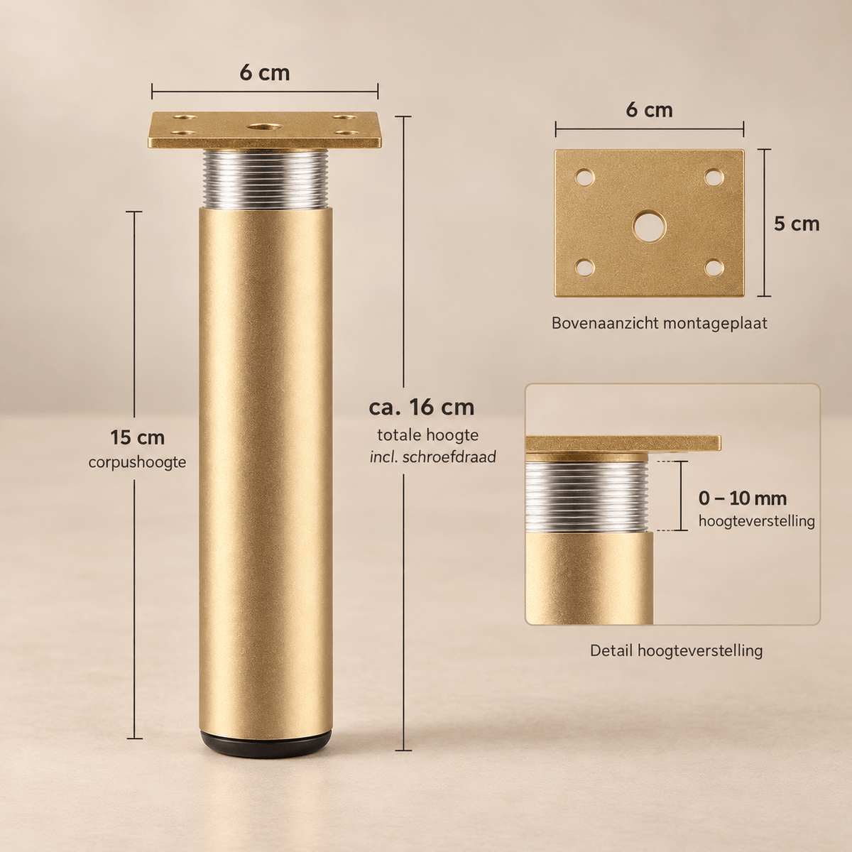 Goudkleurige verstelbare meubelpoot 15 cm - Forma Luxury Interior