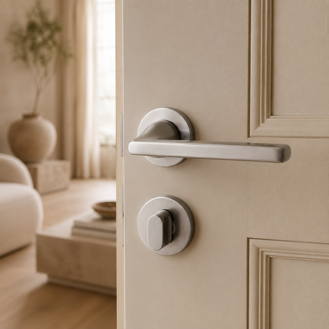 Detail van zilverkleurige L-vormige deurklink op rond rozet
